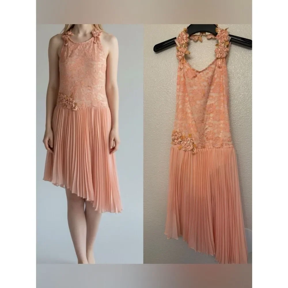 Curtain Call Dance Costume green pink peach pleaded skirt R565 SA-Small adult